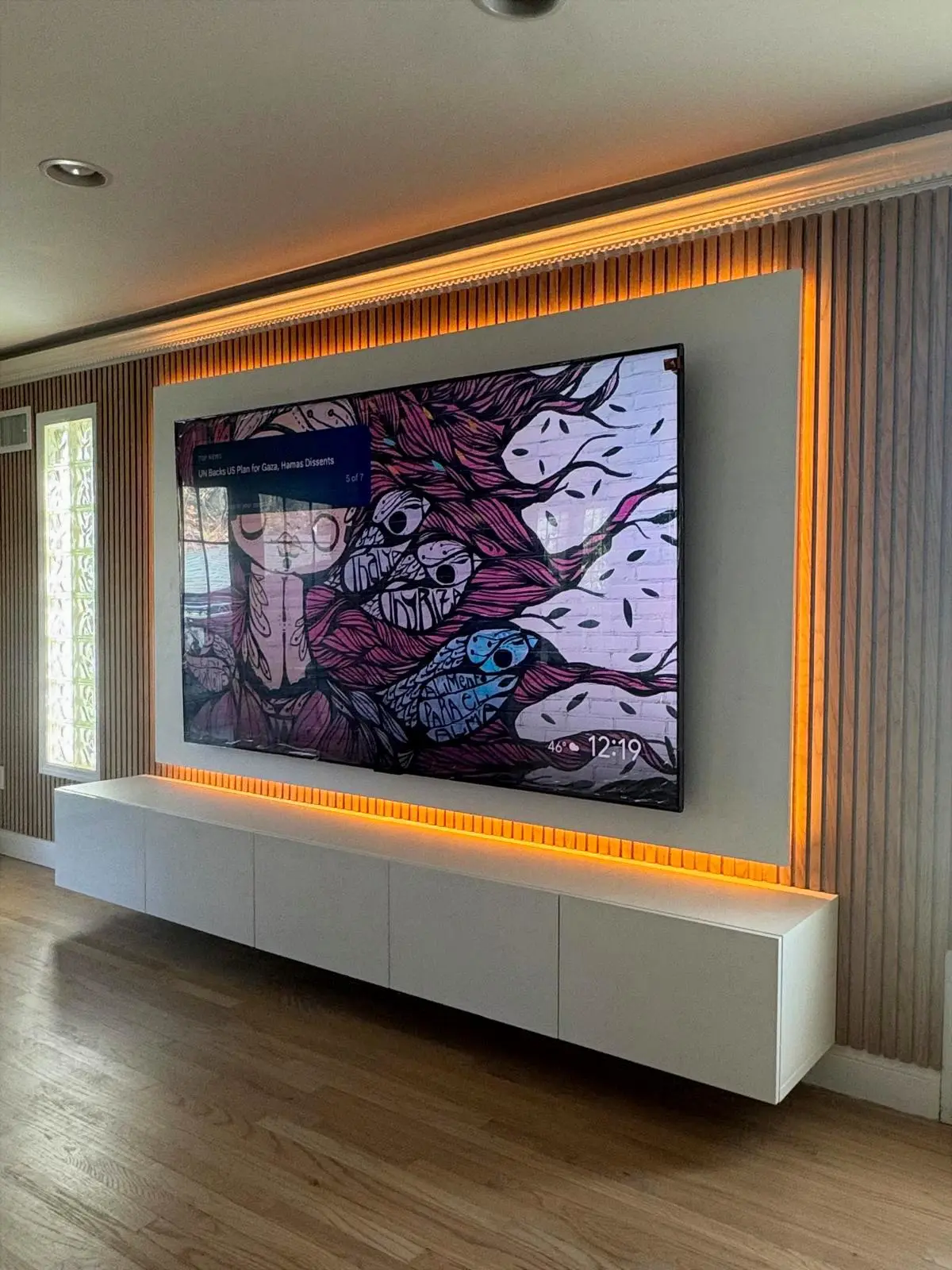 Backlit Oak Slat TV Wall in Paramus NJ